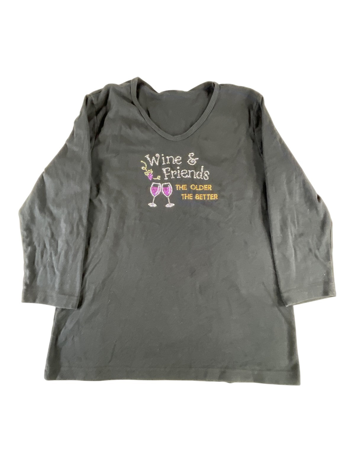 Cactus Bay Shirt Womens XL Black Wine Friends Rhinestone Graphic Long Sleeve Top