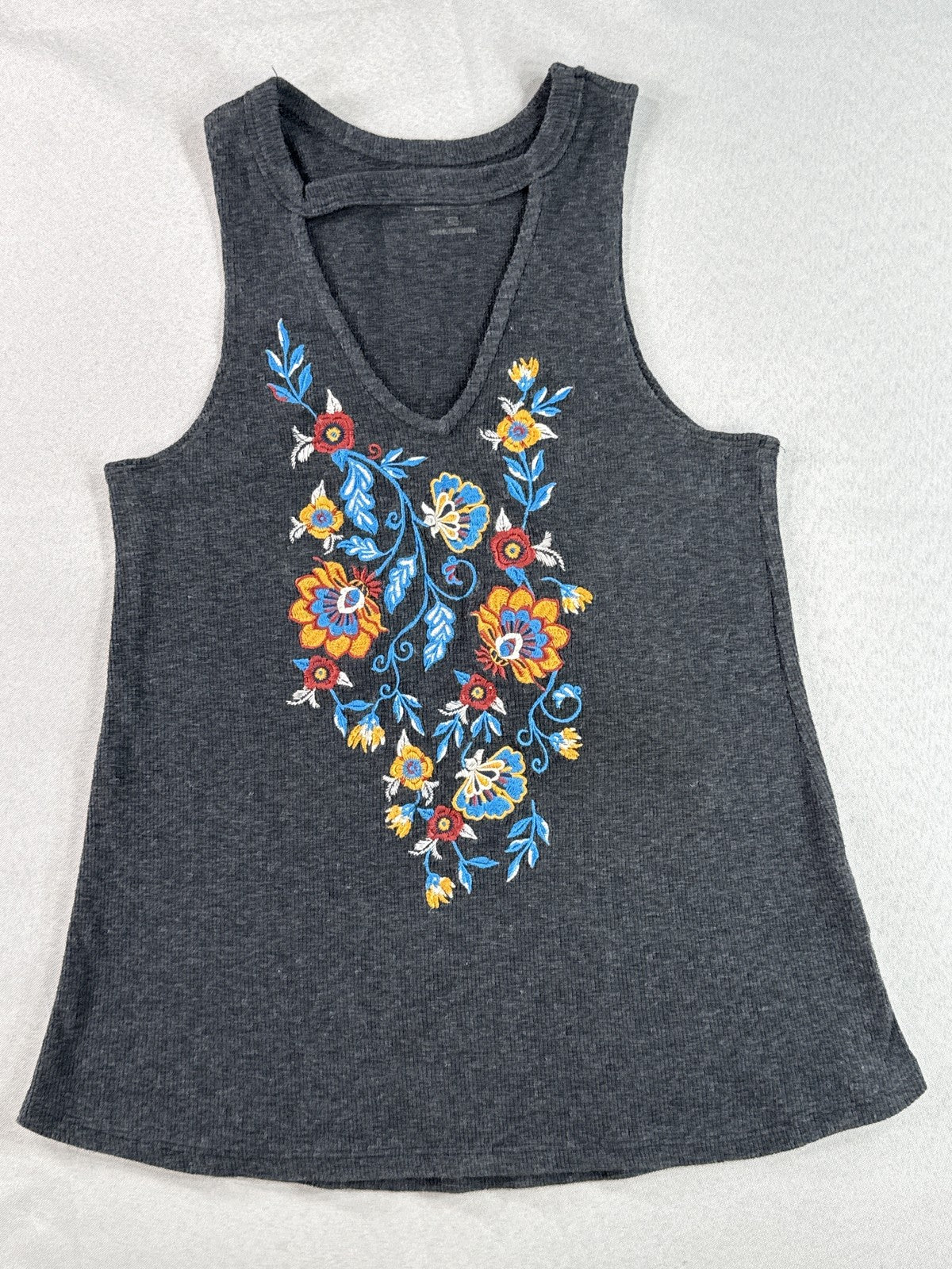 SHYANNE Floral Boho Tank Top XS Charcoal Cotton Blend Neck Sleeveless Womens Tie