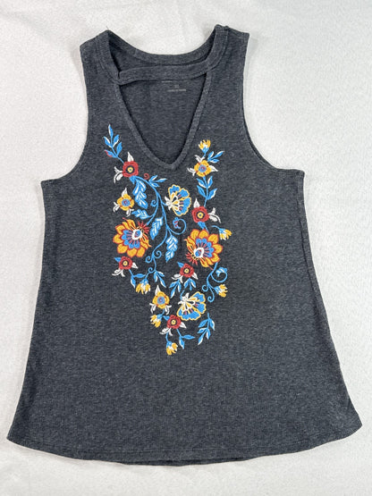 SHYANNE Floral Boho Tank Top XS Charcoal Cotton Blend Neck Sleeveless Womens Tie