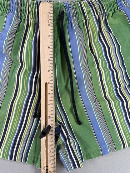 Barneys York Striped Shorts M Green Blue 100% Cotton Relaxed Fit Elastic Waist