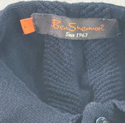 Ben Sherman Mens Large Navy Knit Vertical Stripe Polo Shirt Mod Retro Cotton