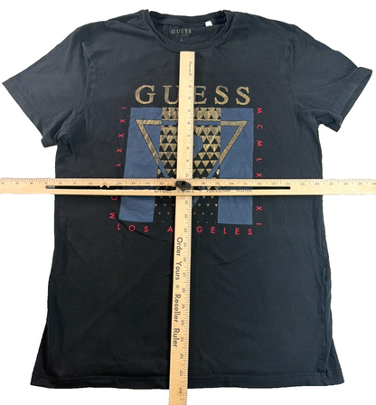 Guess Los Angeles Mens Large Black Gold Triangle Question Mark Graphic Tee Shirt