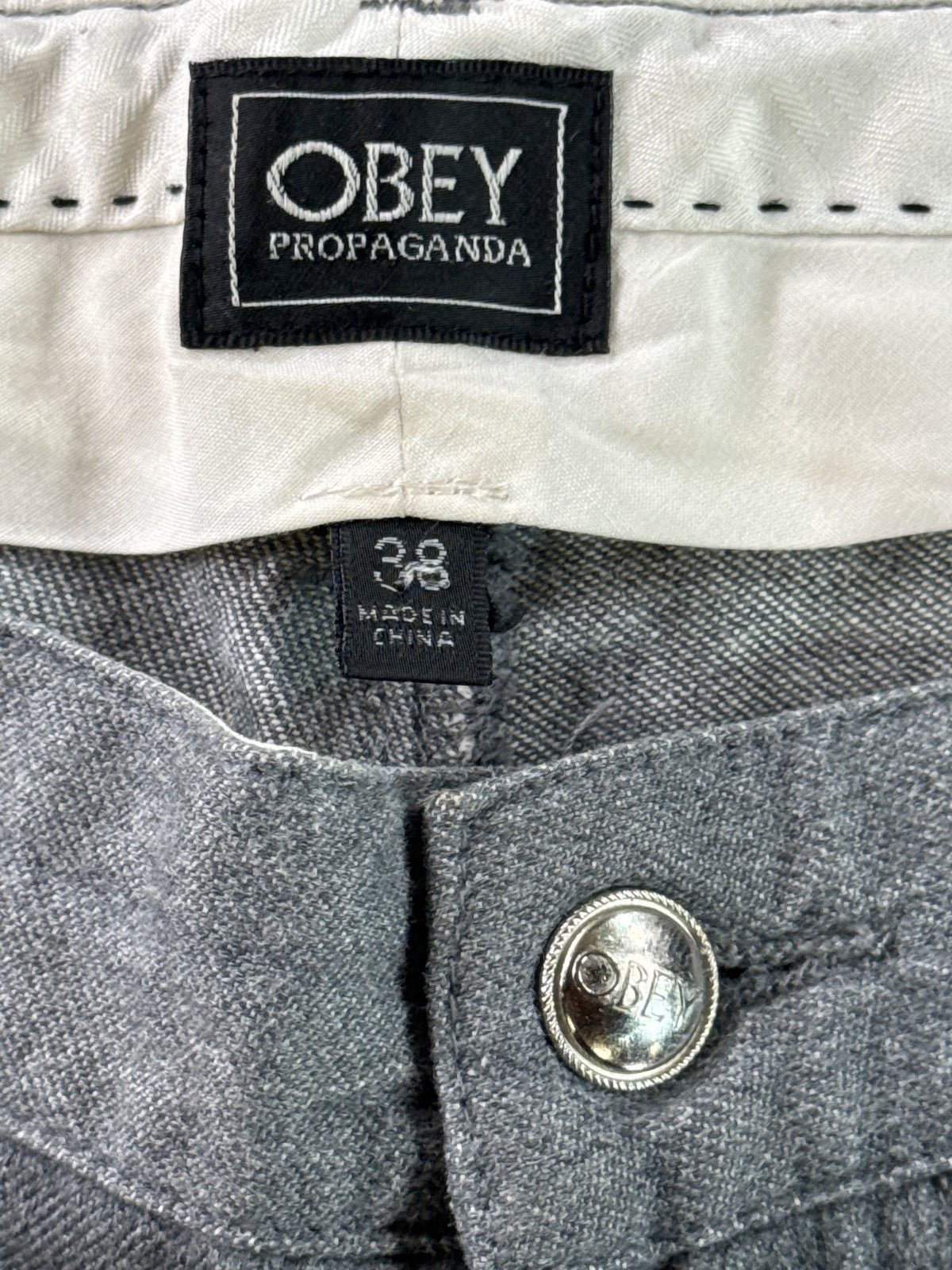 OBEY Straight Leg Jeans 38 Gray Cotton Polyurethane Stretch Modern Mid Slim