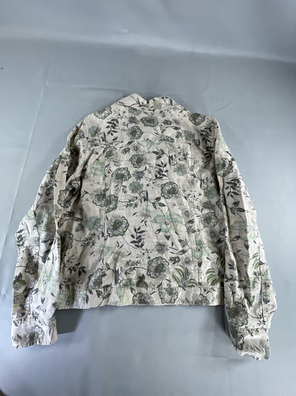 Charter Club Jacket Womens Large Beige Green Floral Linen Button Up Lightweight