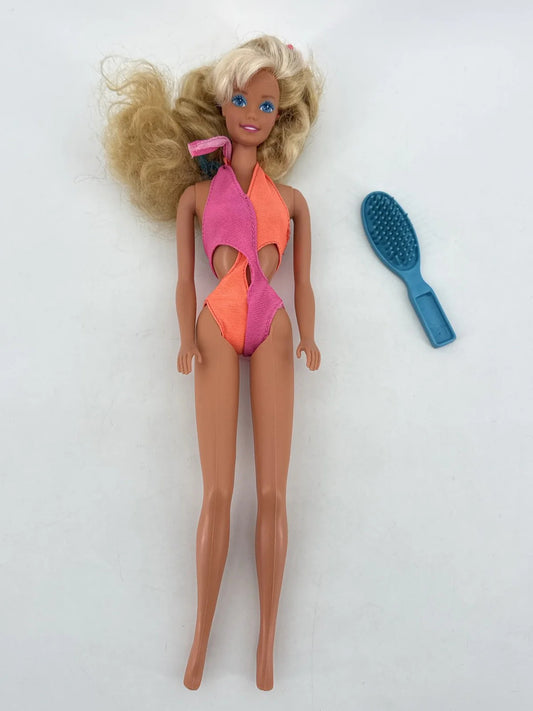 Vintage 1989 Mattel Barbie Doll Swimsuit Beach Swimwear w Hair Brush Collectible