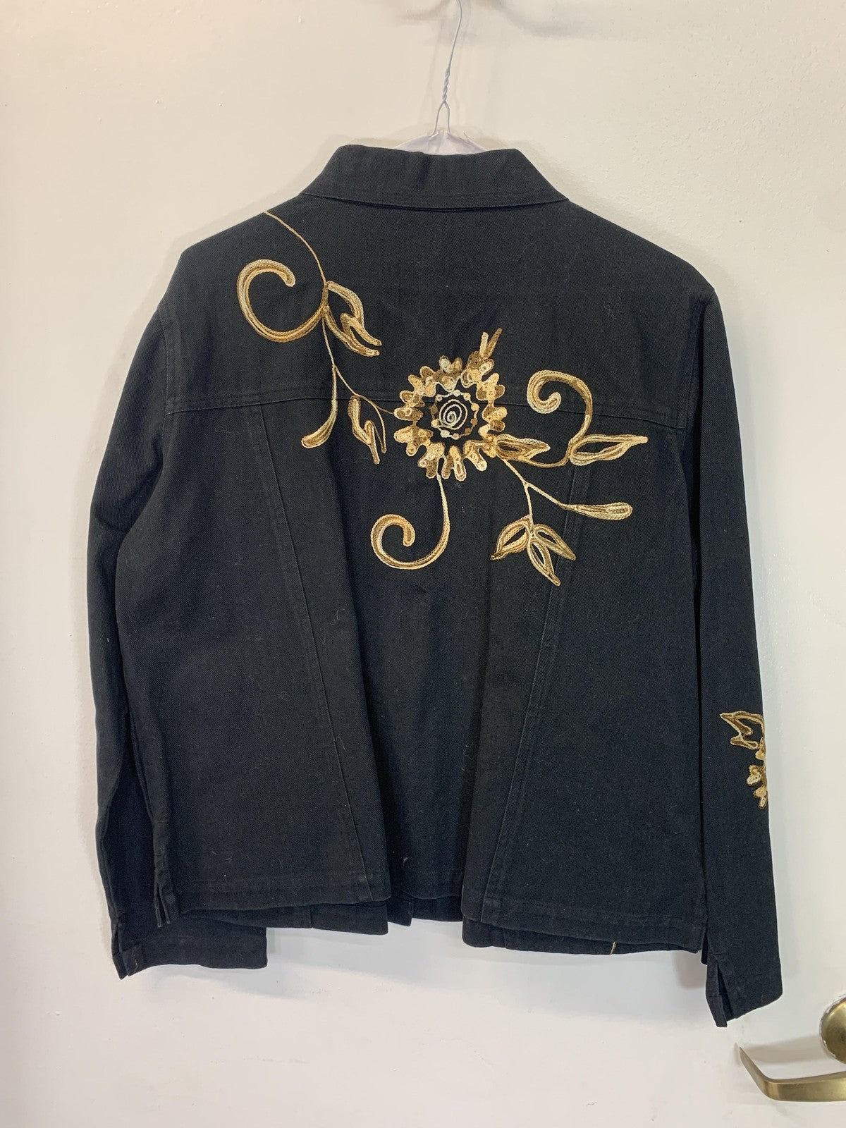 West End Jacket Womens Large Black Gold Floral Embroidered Button Front JTW10013