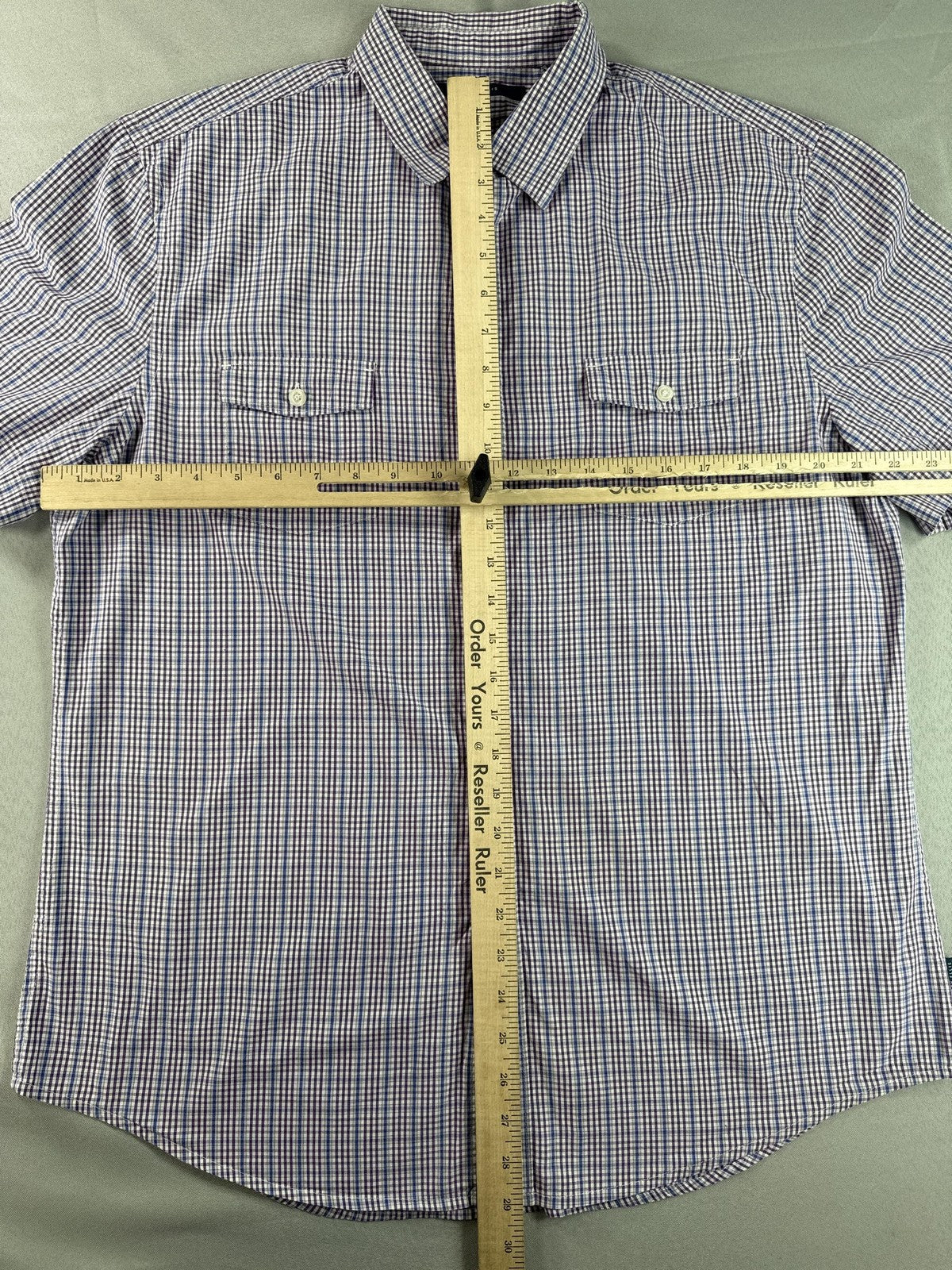 Perry Ellis Button Down Shirt Mens L Blue Checkered Cotton Short Sleeve Slim Fit