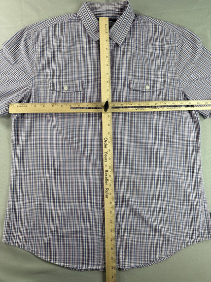 Perry Ellis Button Down Shirt Mens L Blue Checkered Cotton Short Sleeve Slim Fit