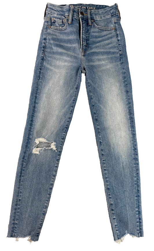 American Eagle Next Level Jegging Jeans 00 X-Short Distressed Raw Hem Blue