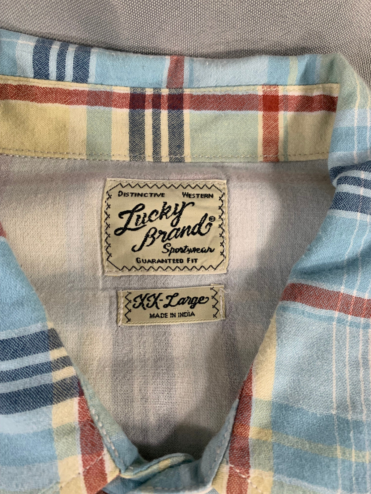 Lucky Brand XXL Western Snap Shirt Blue Green Red Plaid Long Sleeve Cowboy Men