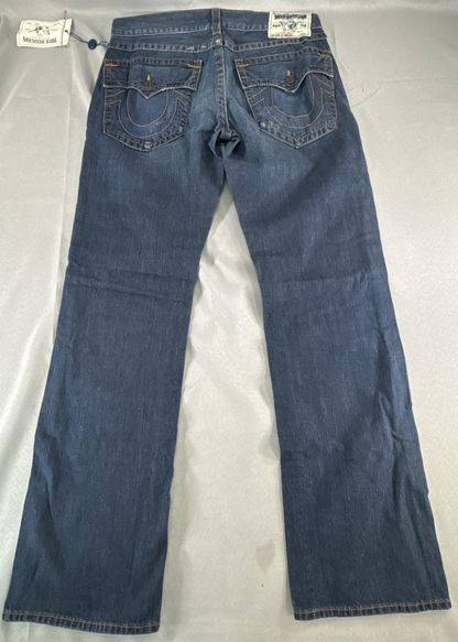 True Religion Jeans Mens 34 Blue Straight Flap Pockets Denim Made USA Dark Wash