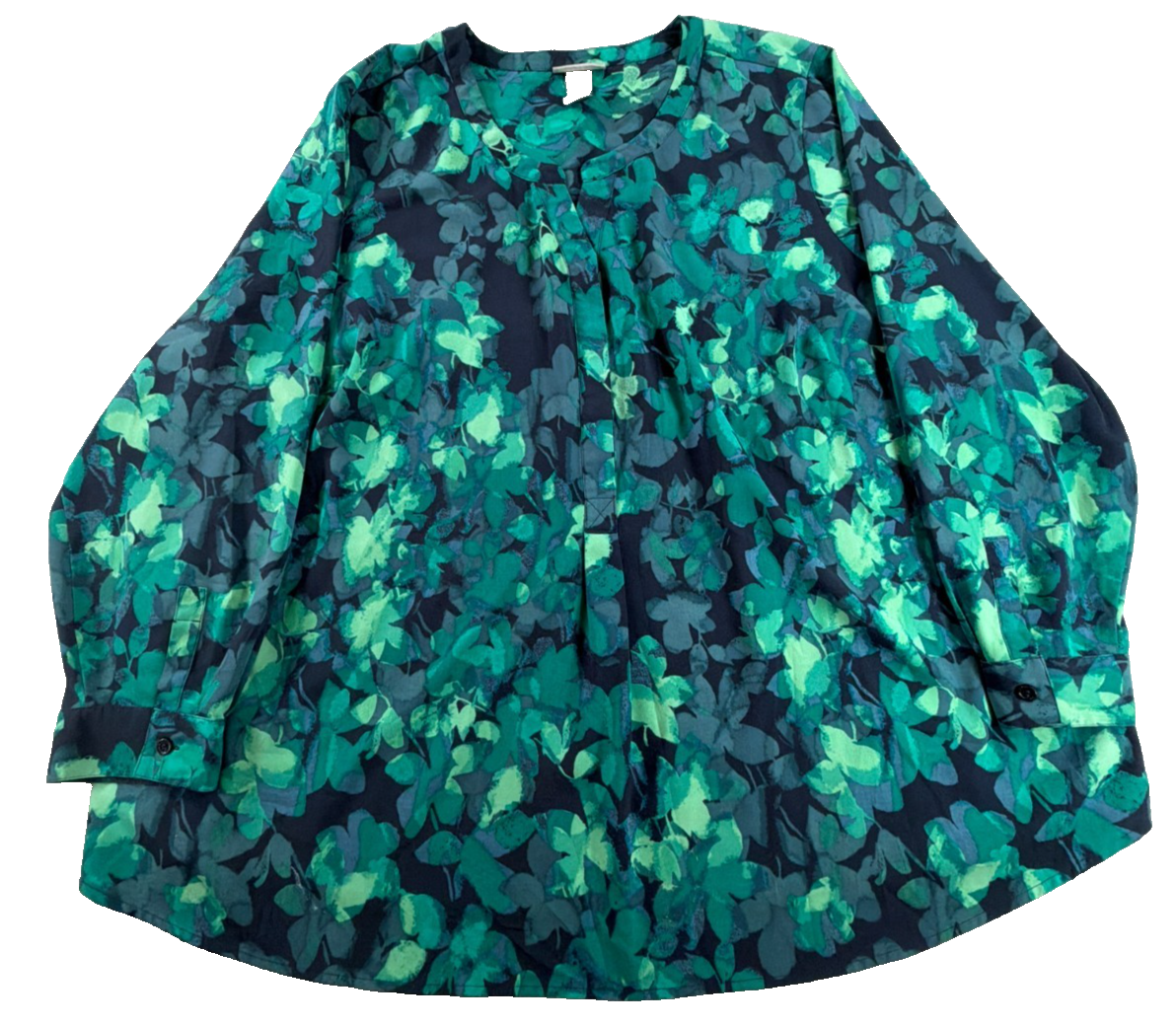 Catherines Women 2X 22/24W Navy Teal Green Floral Blouse Long Sleeve Pullover