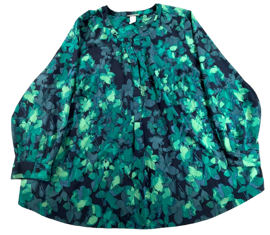 Catherines Women 2X 22/24W Navy Teal Green Floral Blouse Long Sleeve Pullover