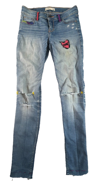 Abercrombie Kids Slim Jeans Girls 14 Distressed Patch Raw Hem Stretch Denim