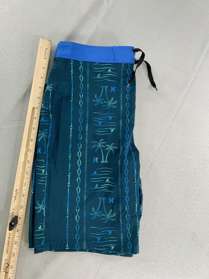 Hurley Boardshorts Boys 18/29 Midnight Teal Palm Tree Swim Trunks Drawstring on