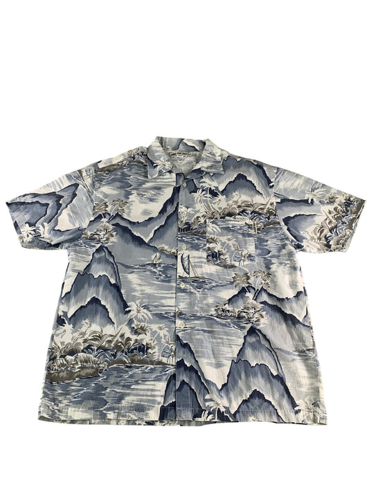 Rusty Shirt Mens Large Blue Gray Hawaiian Aloha Button Up Camp Short Sleeve 100