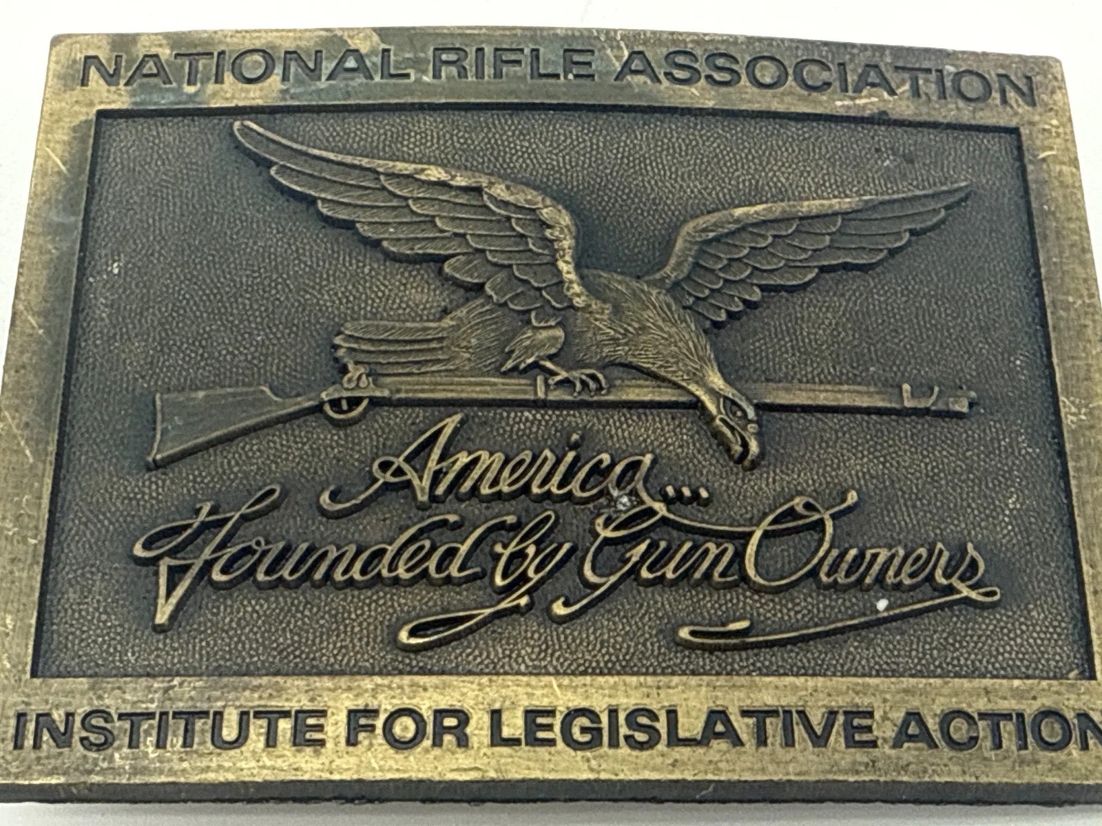 Vintage NRA Belt Buckle America Founded by Gun Owners Eagle Rifle Brass USA 1841