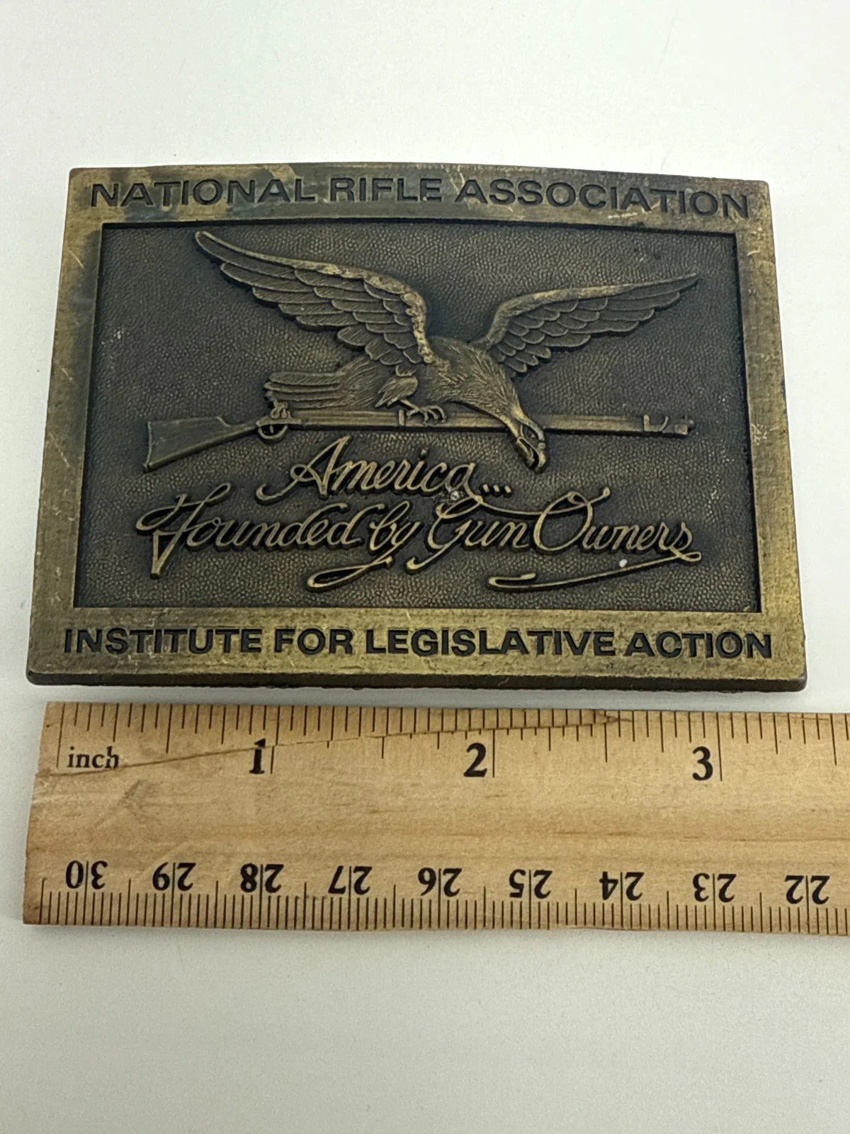Vintage NRA Belt Buckle America Founded by Gun Owners Eagle Rifle Brass USA 1841