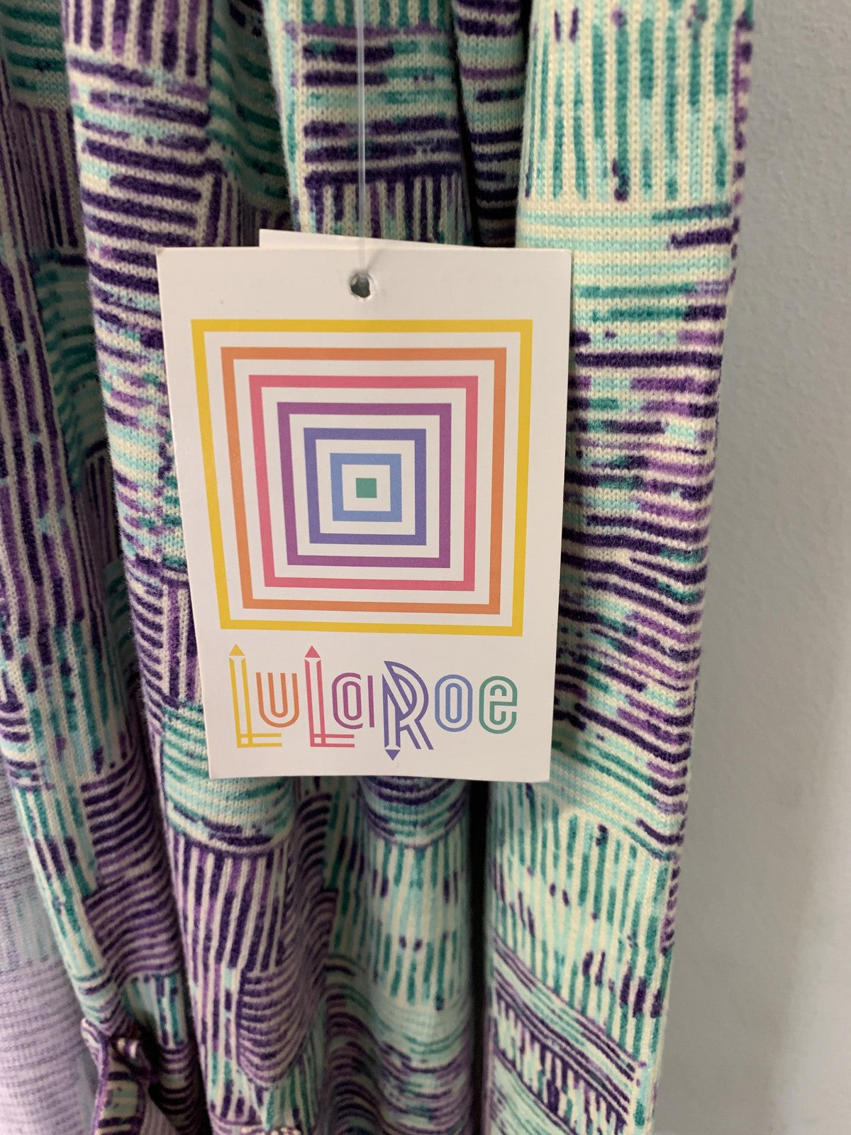 LuLaRoe Sweater Cardigan Womens Large Purple Green Sarah Geometric Pockets Knit