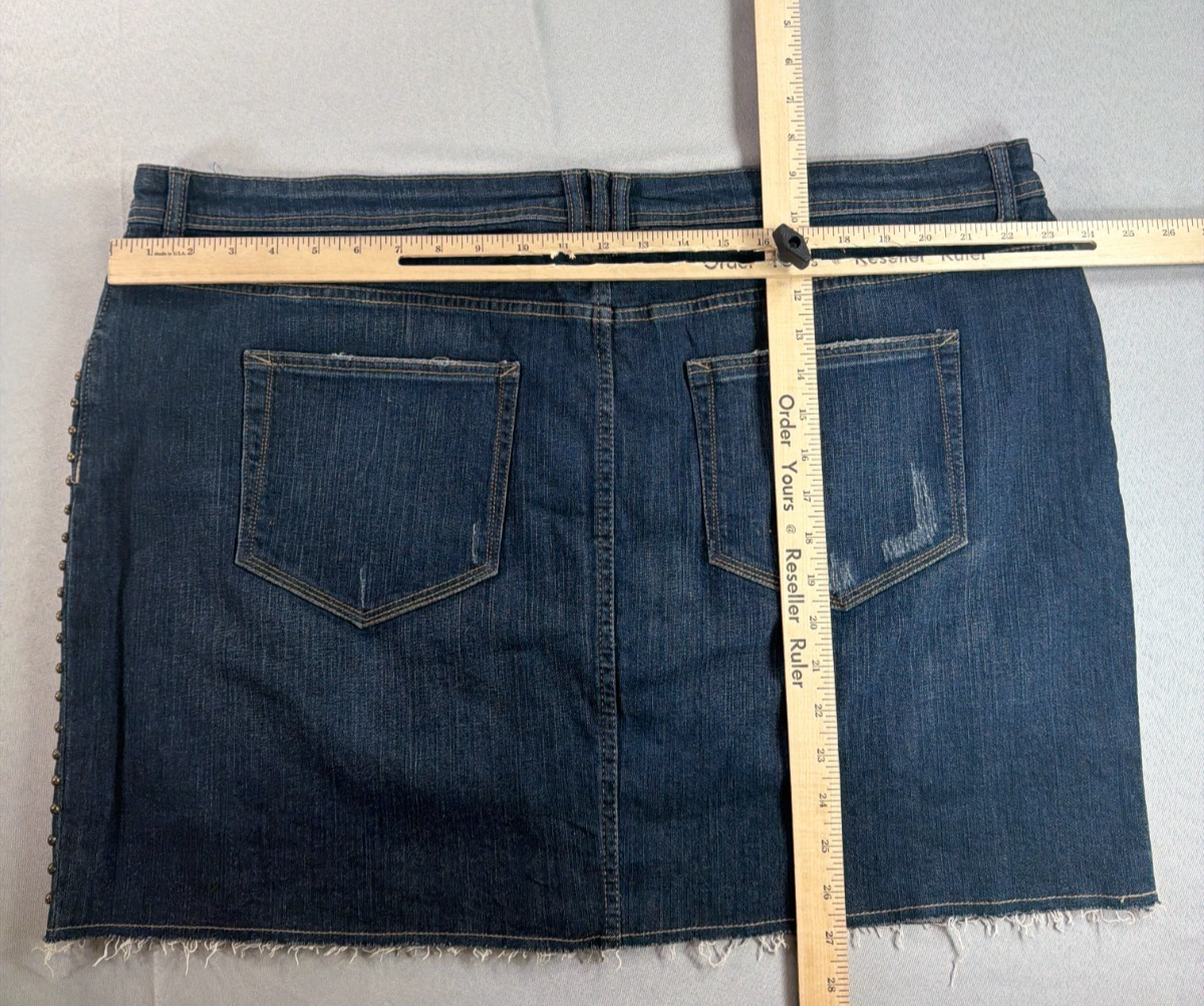 Evolution JMS Plus 3X Denim Mini Skirt Studded Side Raw Hem Distressed 22W 24W