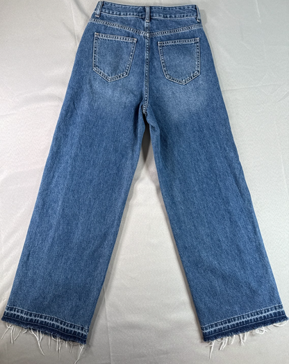 High Waist Wide Leg Jeans Womens S Baggy Frayed Hem Medium Wash Blue Denim SEMIR