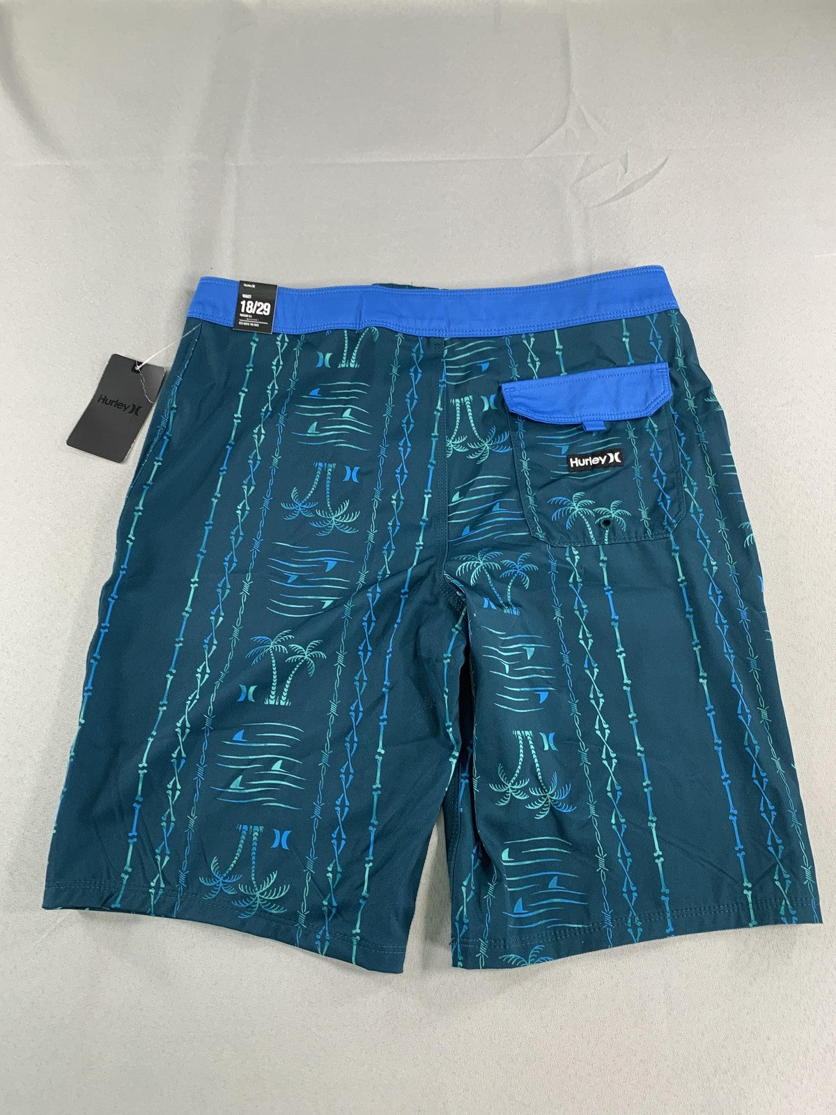 Hurley Boardshorts Boys 18/29 Midnight Teal Palm Tree Swim Trunks Drawstring on