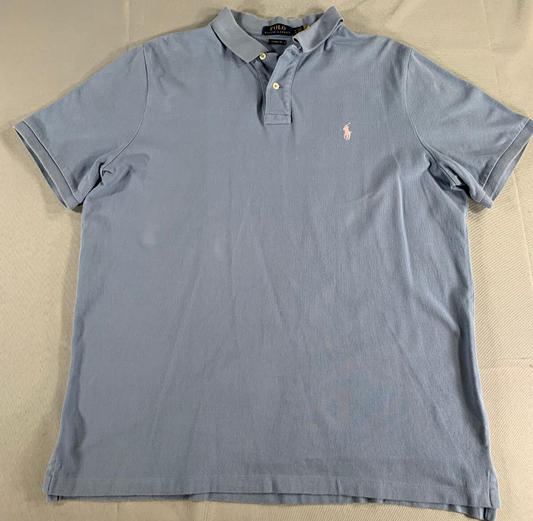 Polo Ralph Lauren XL Blue Polo Shirt Classic Fit Pink Pony Logo Mens Cotton Tee