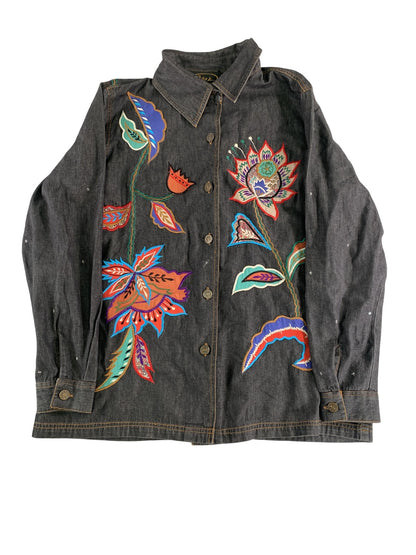 Alex Evenings Jacket Womens Large Black Floral Embroidered Button Up Boho India