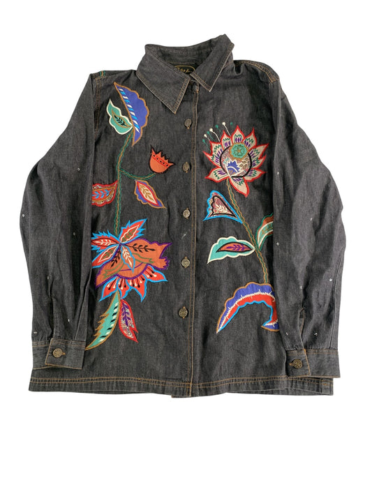 Alex Evenings Jacket Womens Large Black Floral Embroidered Button Up Boho India