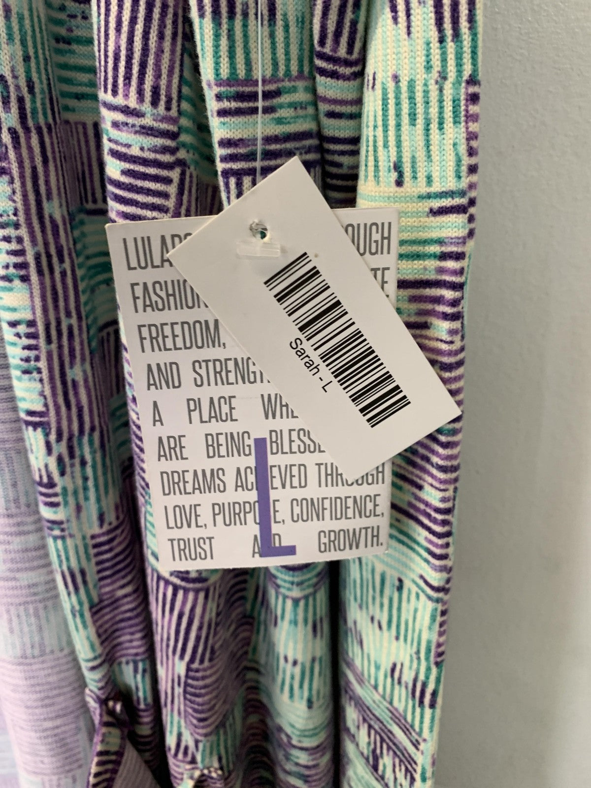 LuLaRoe Sweater Cardigan Womens Large Purple Green Sarah Geometric Pockets Knit