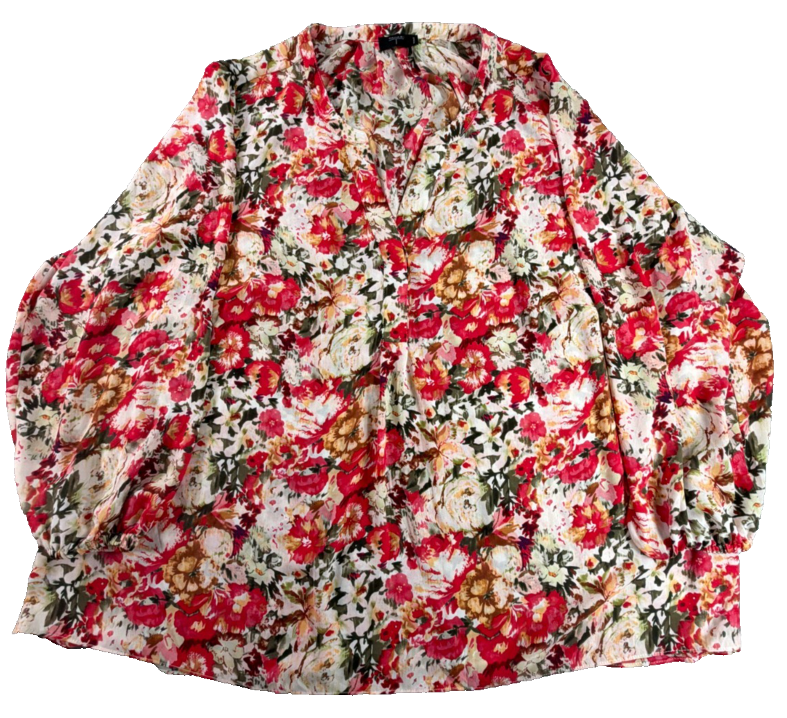 Tahari Woman 3X Red Floral Watercolor Print Blouse Long Sleeve V Neck Pullover