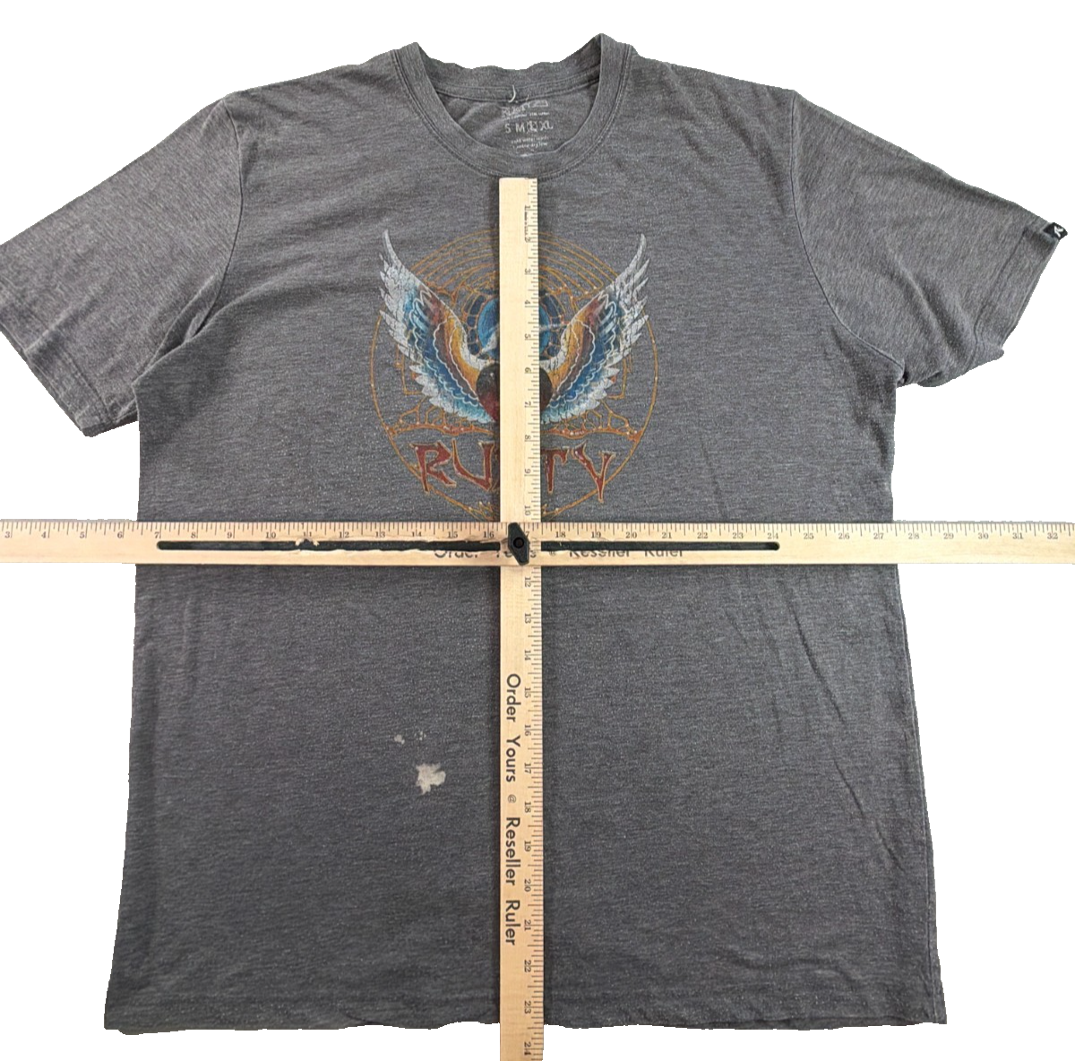 Rusty Surf Mens Large Gray Heather Skull Wings Graphic Tee Short Sleeve T-Shirt