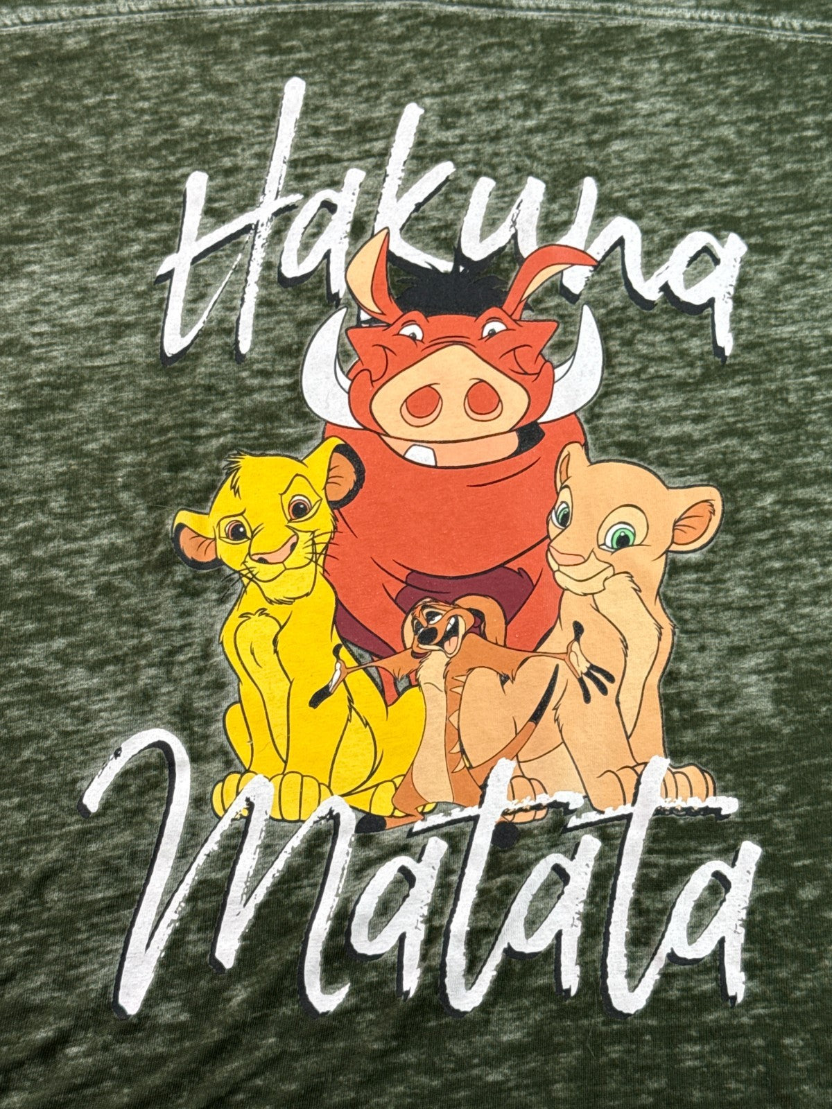 Disney Lion King Hakuna Matata Womens S Olive Green Burnout V-Neck Varsity Tee