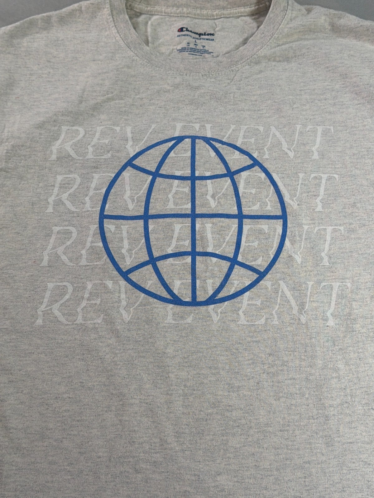 Champion Rev Event Globe Graphic Mens Large Gray Heather Tee Authentic Athletic