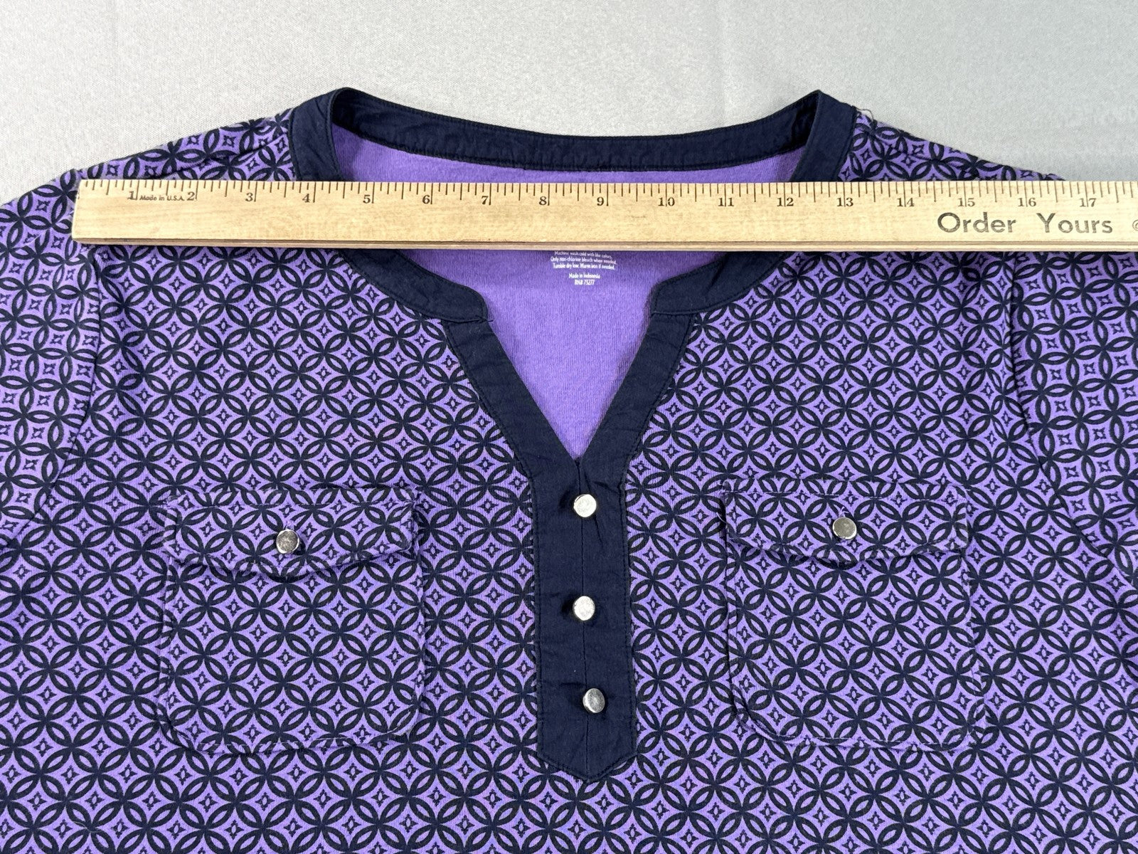 Croft Barrow Purple Geometric Print Henley Short Sleeve Top Womens XXL 100%