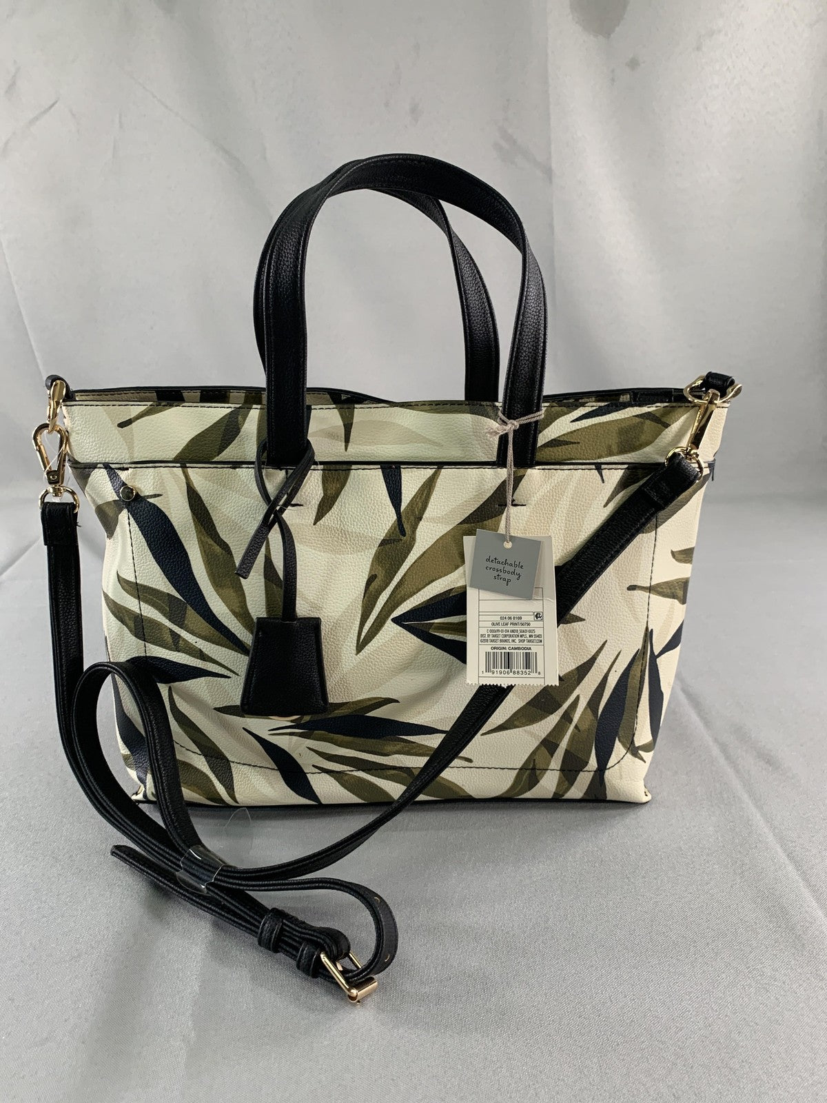 A New Day Satchel Tote Bag Womens Olive Leaf Print Black Crossbody Purse Handbag