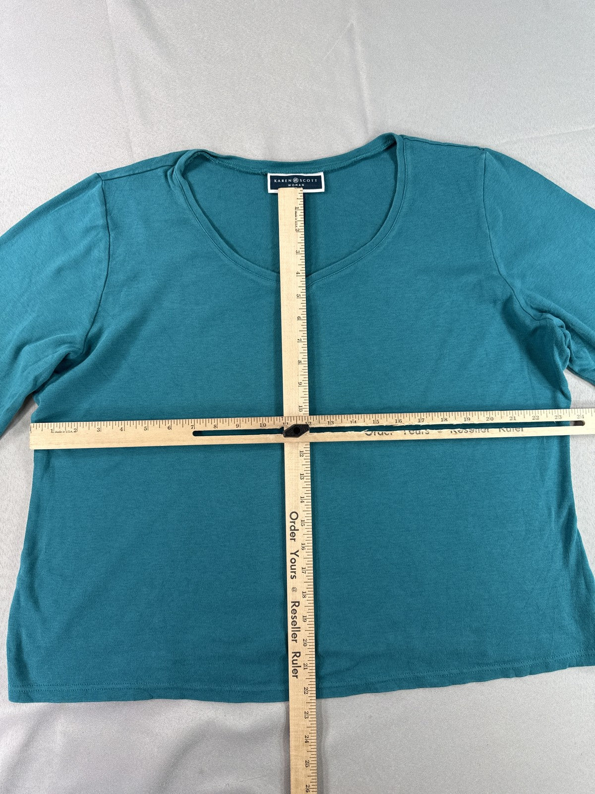 KAREN SCOTT Womens Plus 2X Teal Sleeve Neck Floral Top 100% COTTON Knit