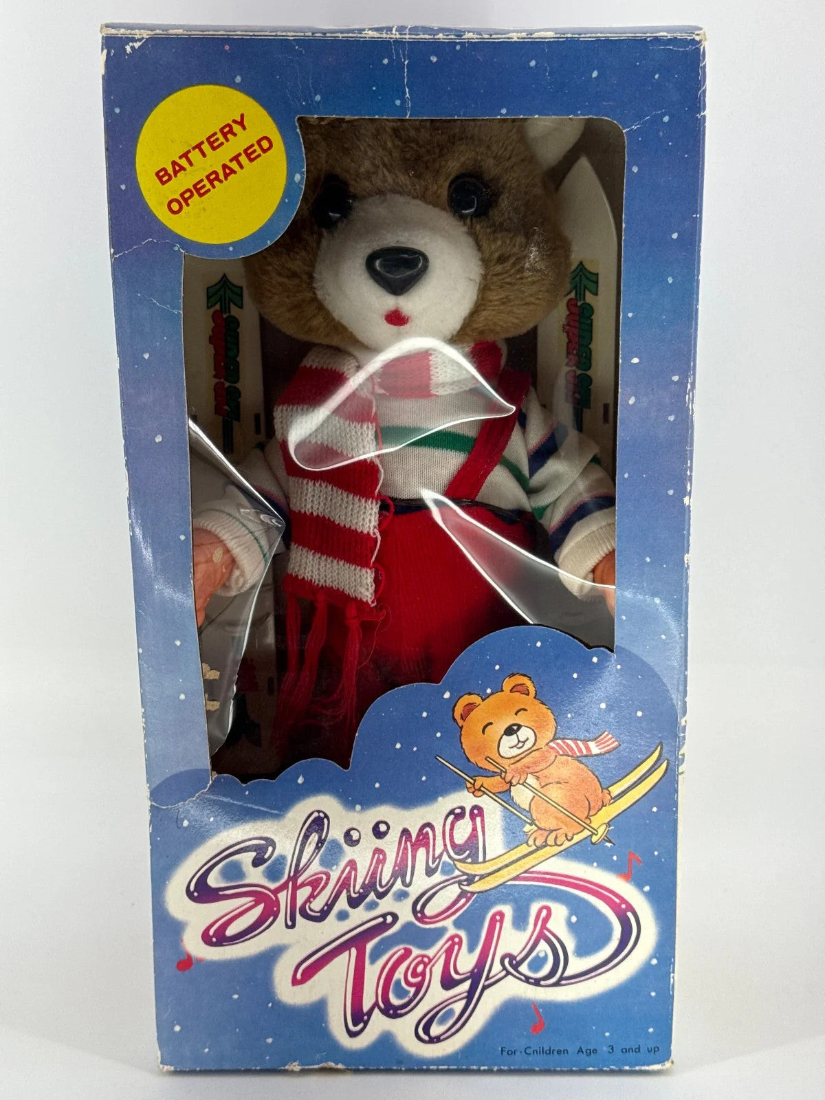 Vintage Battery Operated Skiing Toy Bear Plush Doll in Box Xmas Holiday Winter
