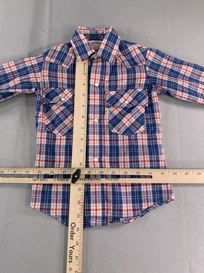 VINTAGE Levis Shirt Boys 3T Blue Red Plaid Western Pearl Snap Made in USA 90s