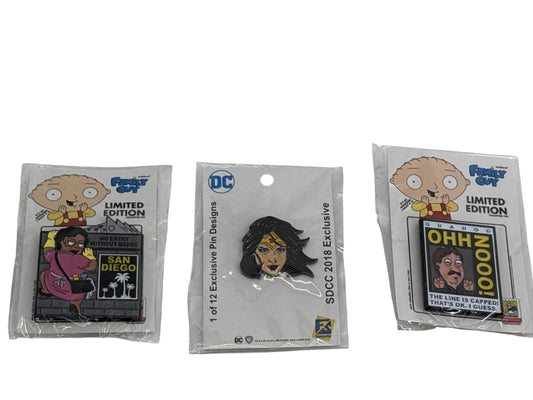 Family Guy Toddland Pins & DC Wonder Woman SDCC 2018 Enamel LE Lot Of 3 Pins