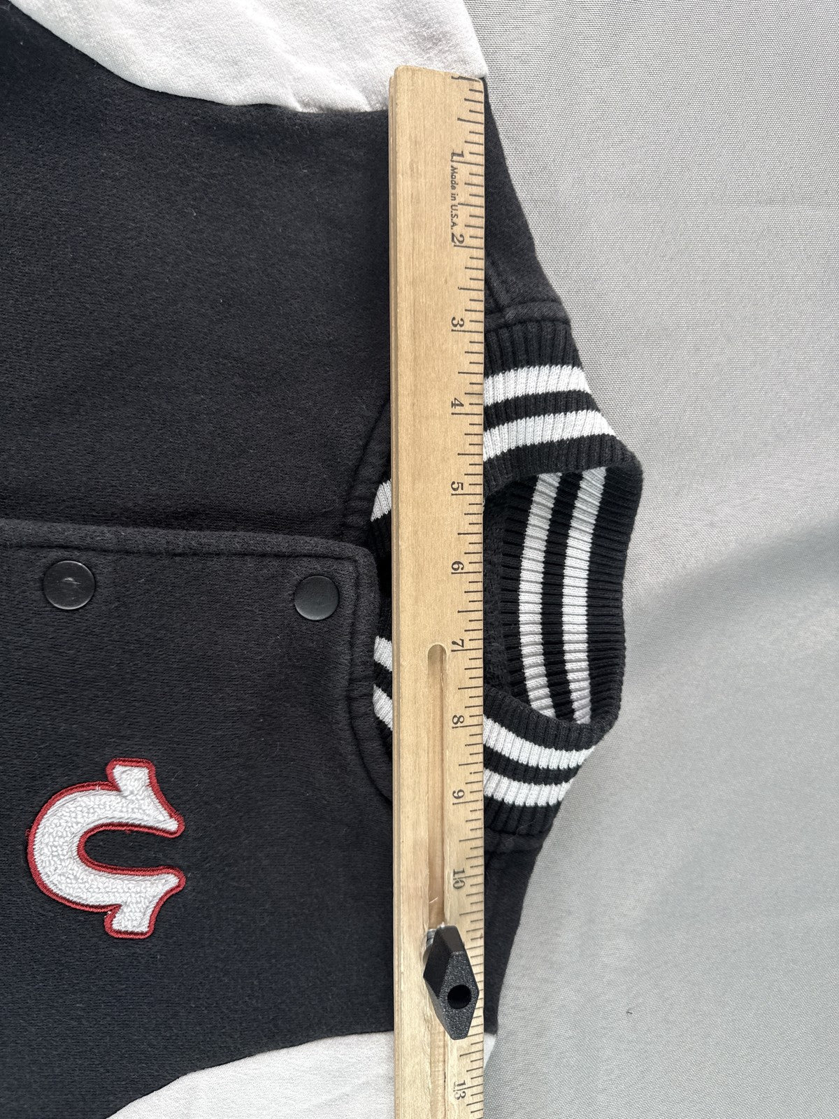 True Religion Varsity Jacket Kids M (5/6) Black White Fleece Regular Fit Snap