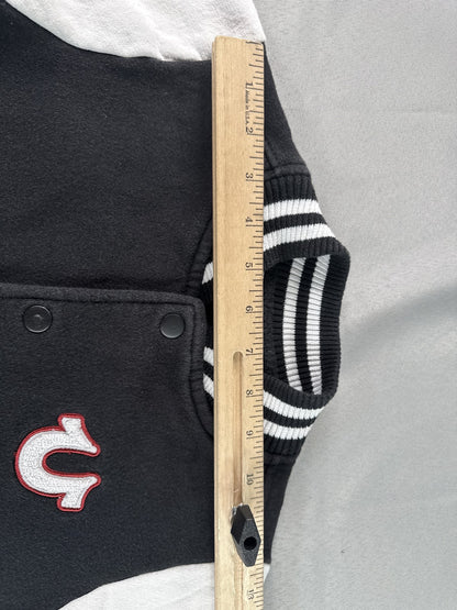 True Religion Varsity Jacket Kids M (5/6) Black White Fleece Regular Fit Snap