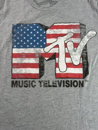 MTV American Flag Logo Graphic Tee Gray Small Music Television Retro USA Shirt