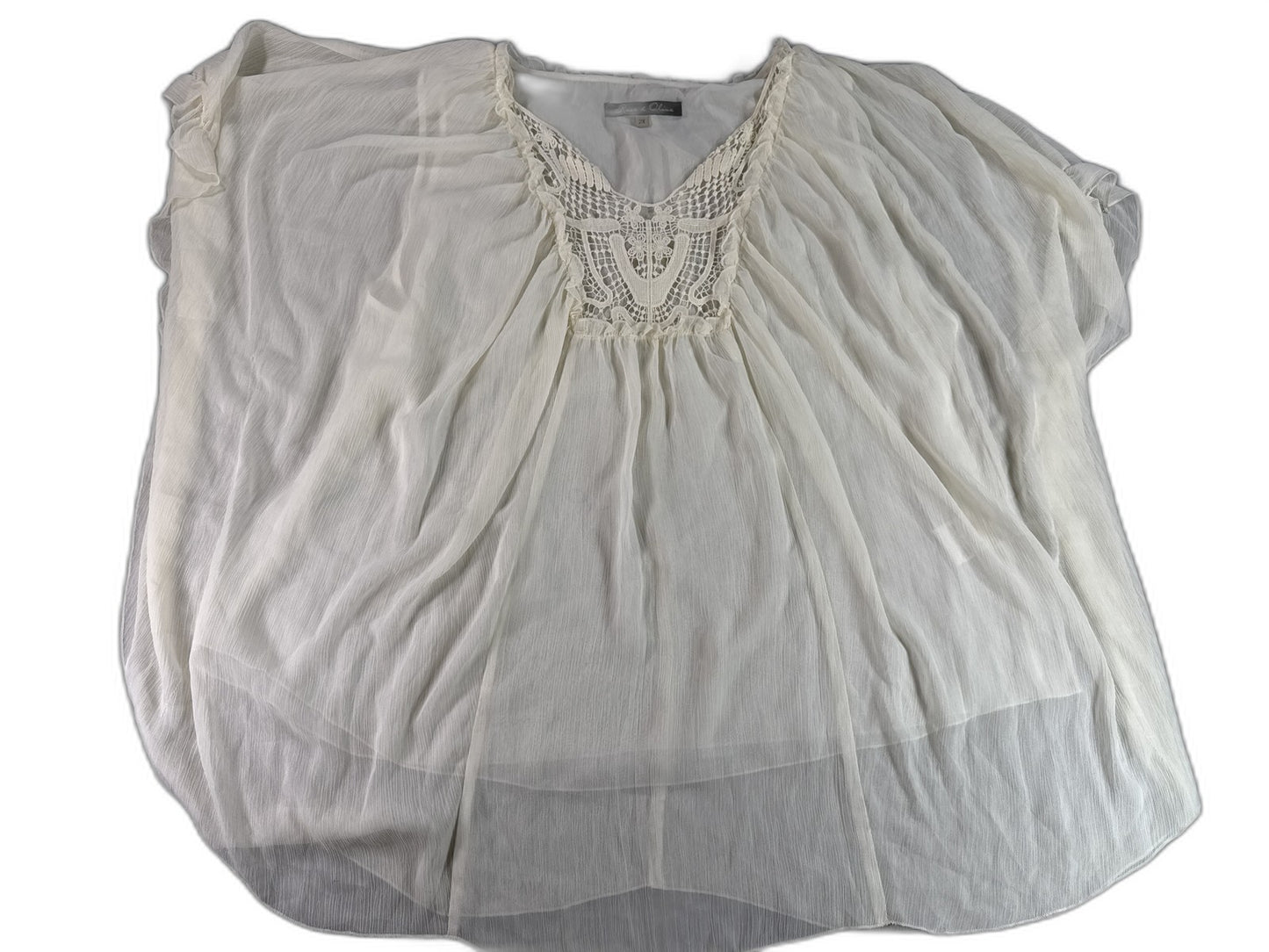 Rose Olive Boho Blouse Womens 2X White 100% Polyester Loose Fit Crochet Neck