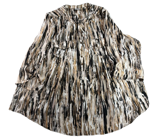 Avenue Women 22/24 Black Tan White Abstract Marble Print Blouse 3/4 Sleeve Top
