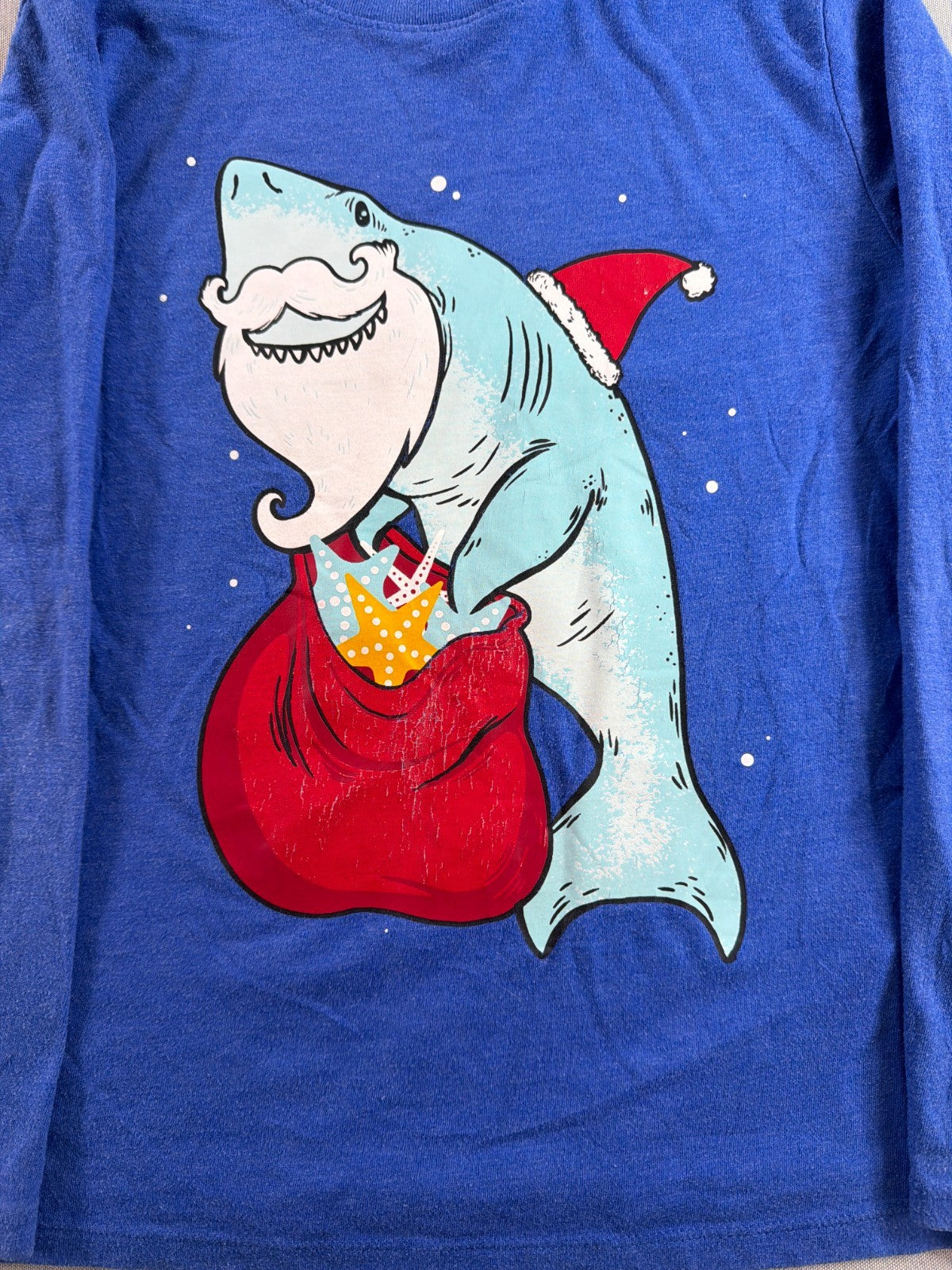 Santa Shark Christmas Cat Jack Boys Long Sleeve Blue Graphic Tee Holiday S 6 7