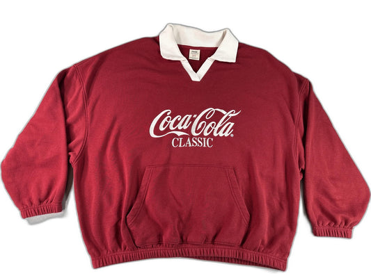 Coca Cola Sweatshirt Large Red Cotton Logo Rugby Collar Vintage Classic