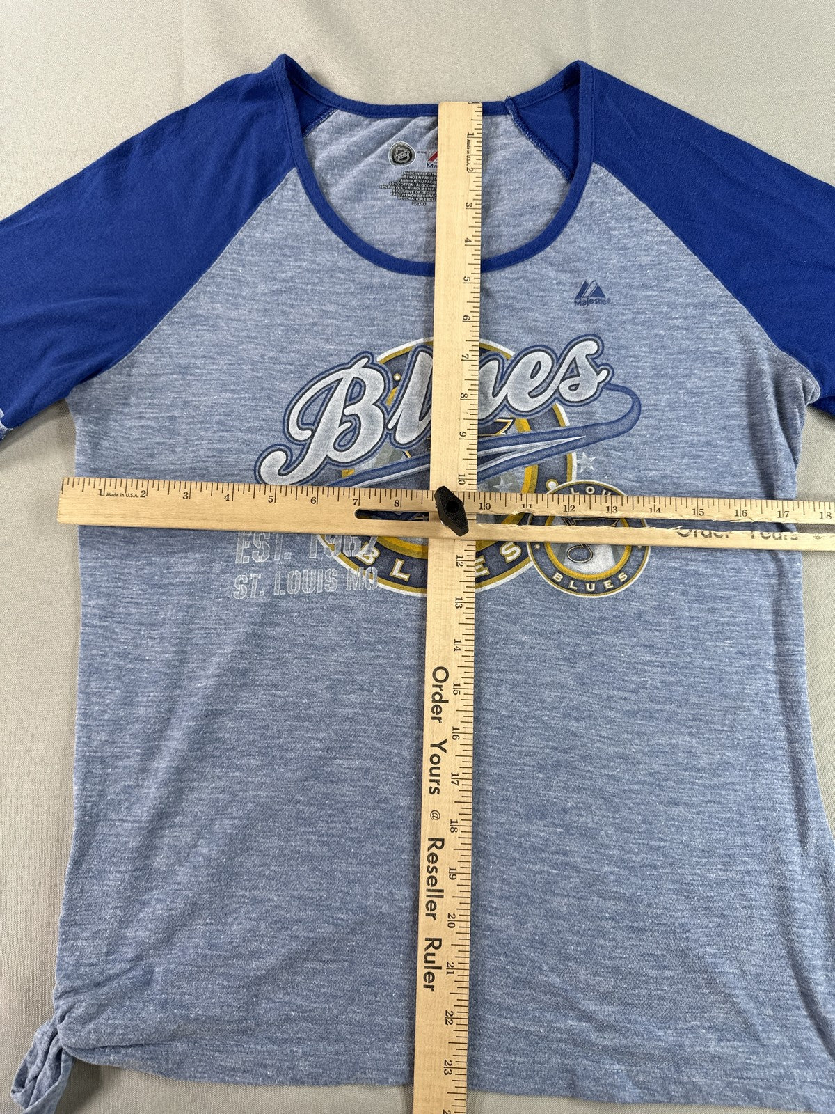 Majestic St. Louis Blues NHL Raglan Tee L Short Sleeve L/G/G Gray Cotton Womens