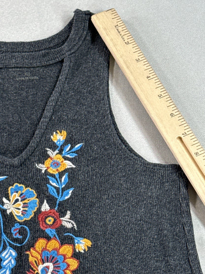 SHYANNE Floral Boho Tank Top XS Charcoal Cotton Blend Neck Sleeveless Womens Tie