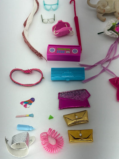 Barbie Doll Accessories Lot 60pc Hangers Purses Jewelry Cat Boombox Mirror 80s+